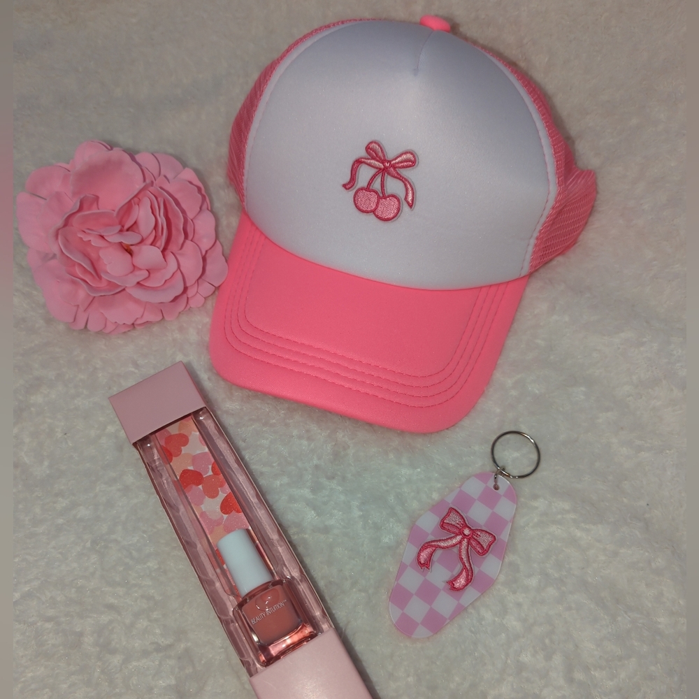 Pink Cherry White Snap Back Hat Bag Charm And Nail Set Bundle Gift Set For Teen